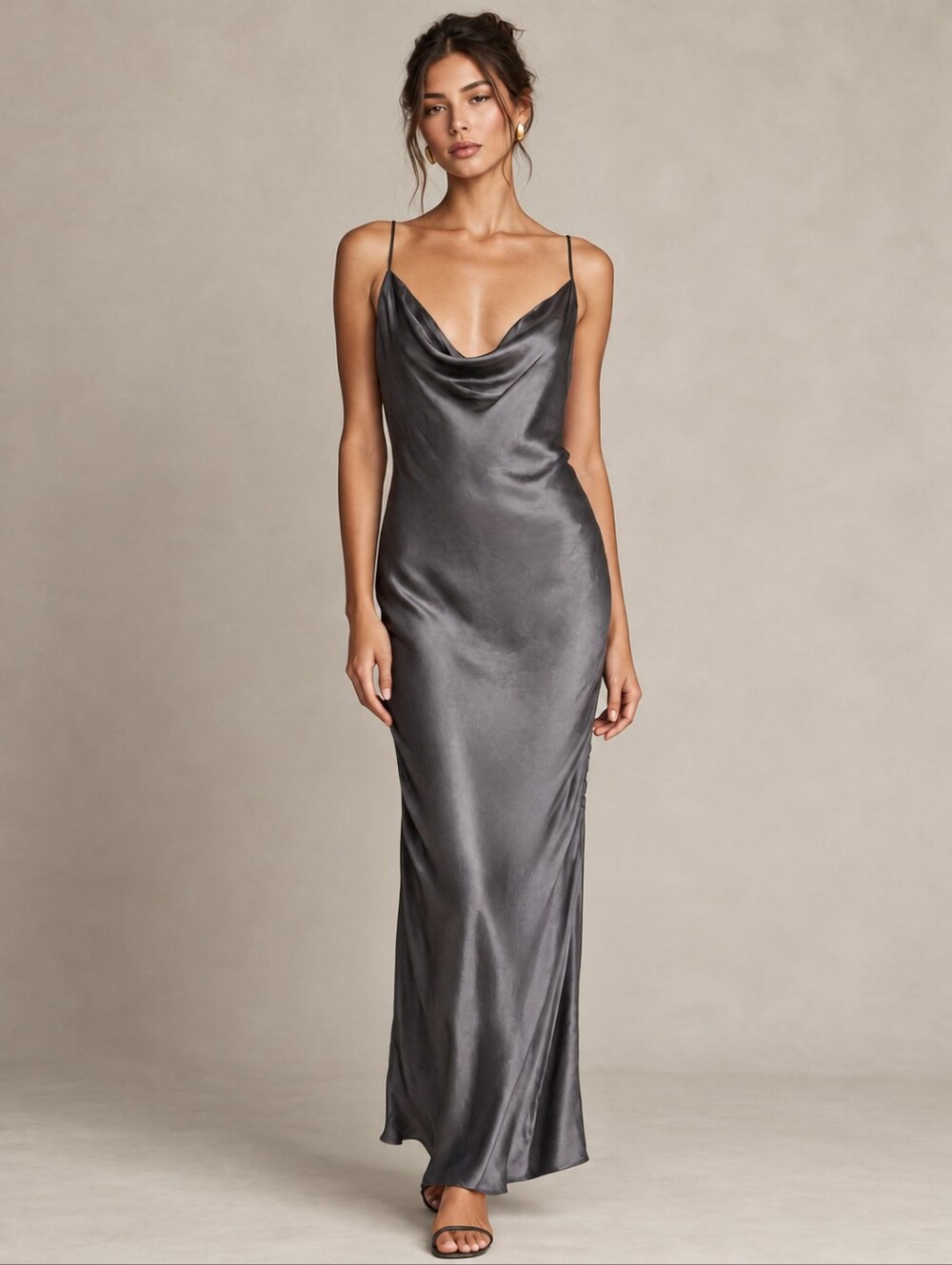 Aritzia Wilfred Ruched Satin Bias Cut Slip Dress in Charcoal Gray Size XL